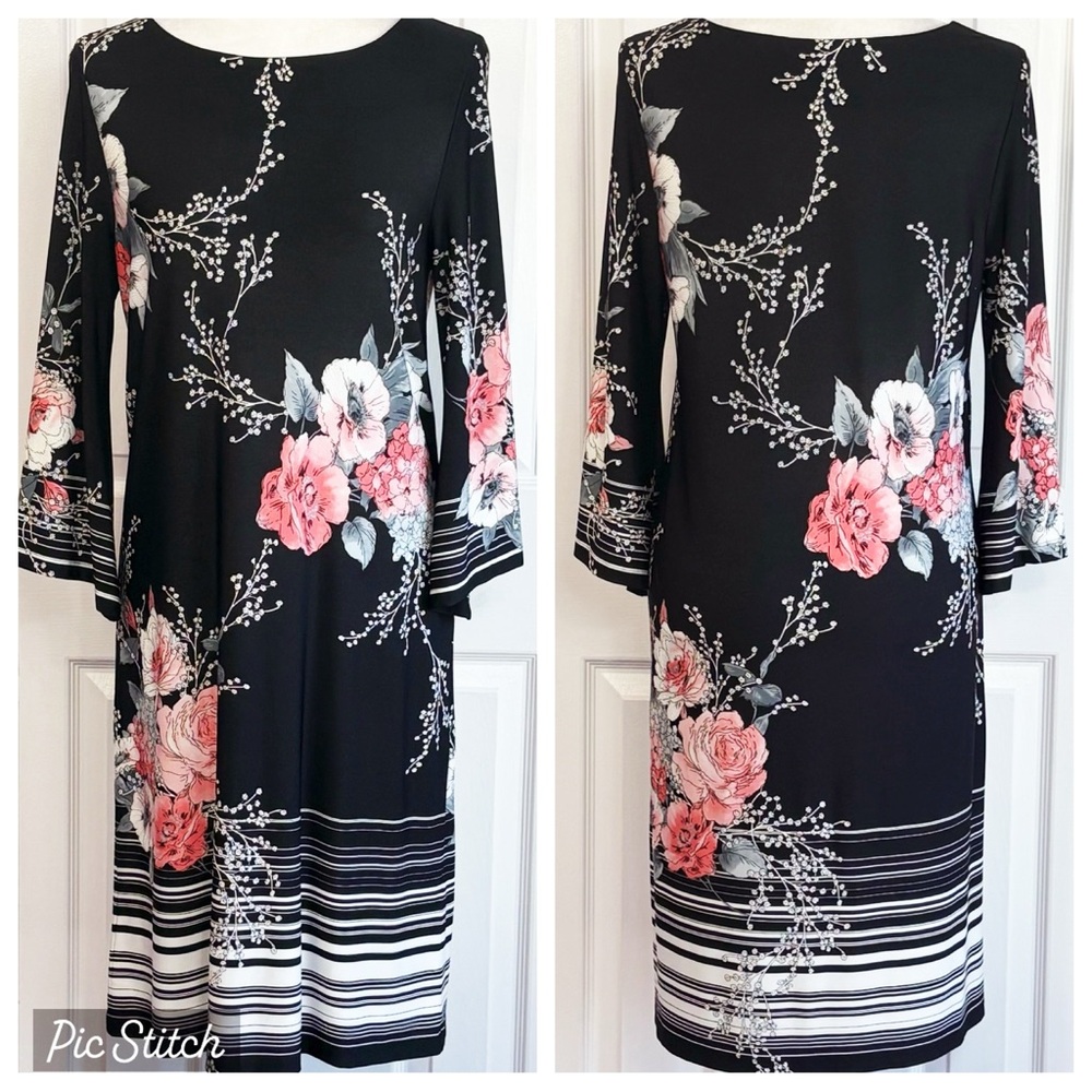 Roz & Ali Black White Floral Stripe Flare 3/4 Sleeve Shift Dress Small